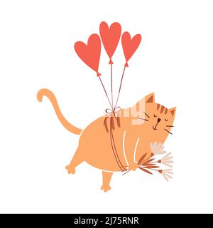 Carino gatto cartoon vola su palloncini a forma di cuore e tiene un bouquet di fiori nelle sue zampe. Un semplice e adorabile personaggio per San Valentino Illustrazione Vettoriale