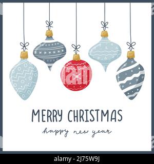 Un biglietto di auguri. Giocattoli di Natale con disegni e ornamenti a mano e parole scritte a mano buon Natale e Capodanno. Sfondo bianco. Colore ve Illustrazione Vettoriale