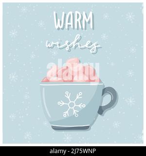 Un biglietto di auguri. Carino tazza di cacao con marshmallow e fiocchi di neve e parole scritte a mano - desideri caldi. Sfondo blu con fiocchi di neve. Illu. Vettore colore Illustrazione Vettoriale