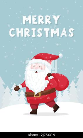 Biglietto di Natale con Babbo Natale che porta una borsa di regali sullo sfondo di un paesaggio forestale invernale. Lettere a mano - Buon Natale. Carino cartoon piatto Illustrazione Vettoriale