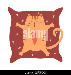 Un carino gatto cartoon con un cuore sul suo stomaco si trova su un cuscino con le zampe sparse. Un semplice personaggio adorabile per l'auto di saluto di San Valentino Illustrazione Vettoriale