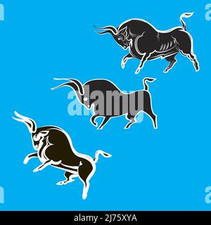 Tre silhouette nere con contorni bianchi. Animali terribili che si preparano ad attaccare. Primo piano su sfondo blu. Vista laterale. Corrida spagnola. Ha Illustrazione Vettoriale