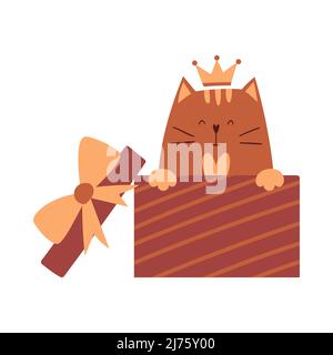 Un carino gatto cartoon con una corona sulla testa è seduto in una scatola regalo e sorridente. Un semplice personaggio adorabile per i biglietti d'auguri di San Valentino. Vet Illustrazione Vettoriale