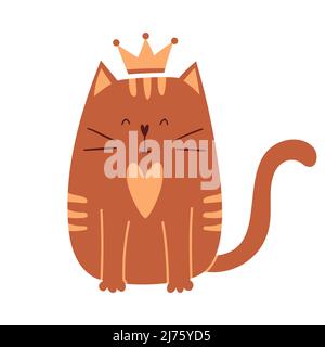 Carino gatto cartoon con una corona sulla testa si siede e sorride. Un semplice personaggio adorabile per i biglietti d'auguri di San Valentino. Illustratio vettore infantile Illustrazione Vettoriale