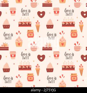 Modello senza cuciture con dolci, torta, ciambella, cupcake, marmellata e la frase - l'amore è dolce.colore illustrazioni vettoriali su uno sfondo beige chiaro. Perfetto Illustrazione Vettoriale