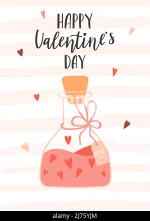 Carta San Valentino con un elisir d'amore in una fiasca e un'etichetta e una frase scritta a mano - Buon San Valentino. Simbolo di amore, romanticismo. Colore piatto v Illustrazione Vettoriale