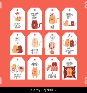 Un set di tag regalo con simpatici gatti cartoni animati per San Valentino. Collezione di etichette presenti con illustrazioni e auguri e auguri scritti a mano Co Illustrazione Vettoriale