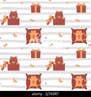 Modello senza cuciture con gatti carini. Il gatto è seduto in una scatola da regalo con un arco, sdraiato su un cuscino. Sfondo a righe testurizzate. Per il design di imballaggio per Illustrazione Vettoriale