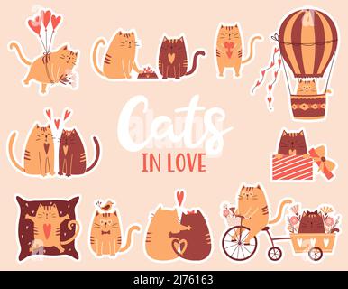 Un set di adesivi con simpatici gatti cartoni animati. Gatti innamorati. Cavalcando una bicicletta, volando in un pallone, tenendo un cuore, abbracciando. Confezione di adesivi con un'etichetta bianca Illustrazione Vettoriale