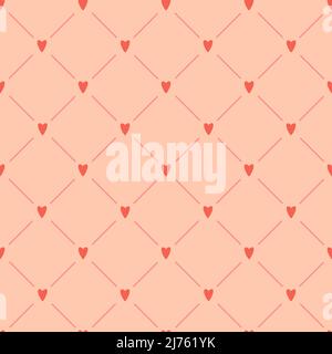 Un semplice motivo minimalistico senza cuciture con cuori e strisce rosse su sfondo rosa chiaro. Perfetto per la confezione e la confezione di San Valentino Illustrazione Vettoriale