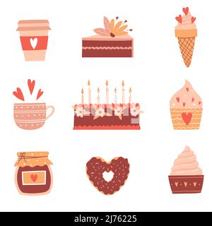 Set con cibi dolci, dolci, torta, ciambelle, gelato. Dolci, conserva con un cuore. Carino stile cartoon piatto. Illustrazioni vettoriali a colori isolate Illustrazione Vettoriale