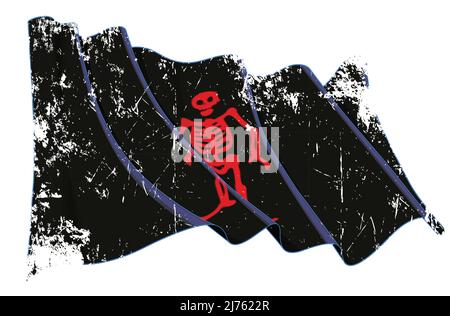 Vettore Textured Grunge illustrazione di un agitare Jolly Roger del Pirate Eduard basso. Tutti gli elementi in modo preciso su livelli e gruppi ben definiti. Illustrazione Vettoriale