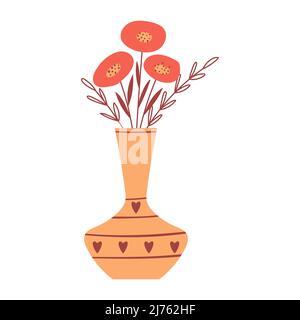 Un bouquet con semplici fiori rossi in vaso con strisce e cuori. Elemento decorativo per carte San Valentino. Semplice vettore colore piatto illustrati Illustrazione Vettoriale