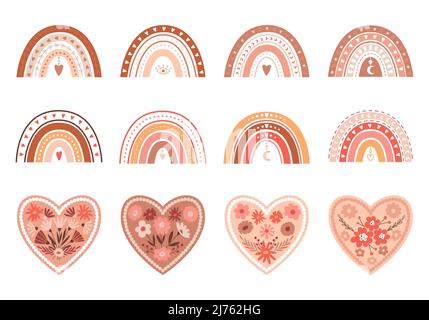 Una serie di boho arcobaleni e cuori con fiori semplici. Boho San Valentino. Elementi decorativi pastello per San Valentino. Illustrazione vettoriale a colori Illustrazione Vettoriale