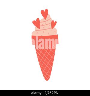 Gelato rosa in un cono di waffle con cuori. Cibo dolce. Un elemento decorativo per San Valentino. Semplice illustrazione vettoriale a colori piatta isolata su w Illustrazione Vettoriale