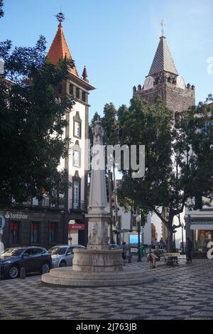 Fontana plaza Largo do chafariz a Funchal, Cattedrale cattolica romana di nostra Signora dell'Assunzione a Funchal, Madeira, Portogallo, Europa. Foto Matheisl Foto Stock