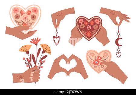 Un insieme di mani umane che tengono elementi boho, un bouquet che dà un cuore di fiore, un gesto che raffigura un cuore. Carino boho stile illustrazioni. Illust vettoriale Illustrazione Vettoriale