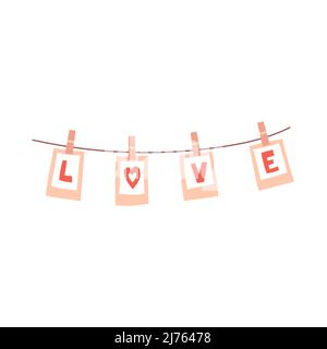 Stringa con bandiere con la parola Amore. Carte con lettere sui clothespins. Un elemento decorativo per San Valentino. Semplice vettore colore piatto illustrati Illustrazione Vettoriale