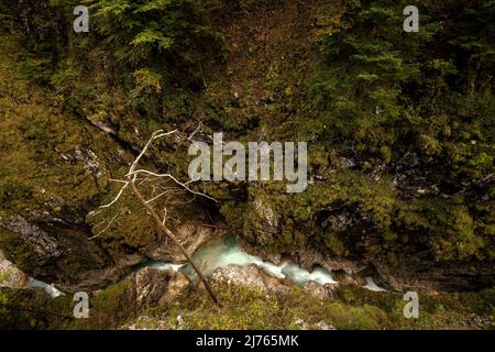 Vista dall'alto del Leutascher o Mittenwalder Geisterklamm nella zona di confine tra Germania e Austria in autunno Foto Stock