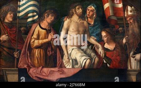 La Lamentazione sul Cristo Morto con San Valeriano e San Mercurialis del pittore italiano Marco Palmezzano (1460-1539), olio su legno, 1506 Foto Stock