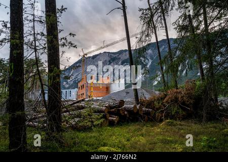 Documentazione della deforestazione dell'ultima foresta montana rimasta nella valle dell'Inn vicino a Haining a favore della costruzione di case residenziali e aree industriali. Foto Stock