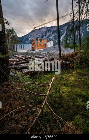 Documentazione della deforestazione dell'ultima foresta montana rimasta nella valle dell'Inn vicino a Haining a favore della costruzione di case residenziali e aree industriali. Foto Stock