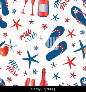 Tipografia vettoriale MR e MRS, calzature flop, stelle marine, cuori, gusci bicchieri da champagne. Rosso, bianco, blu matrimonio spiaggia senza cuciture sfondo motivo Illustrazione Vettoriale