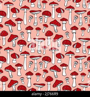Modello senza cuciture con cartoon fly agaric disegnato a mano. Funghi velenosi su sfondo rosa. Illustrazione vettoriale. Illustrazione Vettoriale