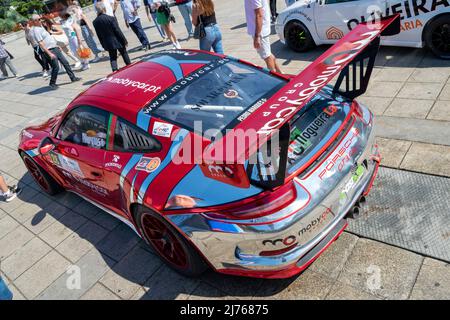 Rally racing cars, 2022 Rampa da Falperra a Braga, Portogallo. Porsche 991 GT3 rally concorrenza, marketing, marchi pubblicità su automobili. Foto Stock