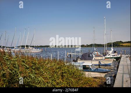 Paesaggio d'acqua dello Schlei, insenatura in Schleswig-Holstein, molo vicino Missonde Foto Stock