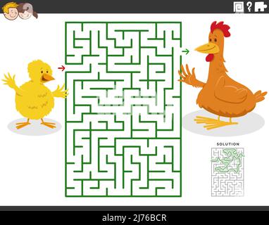 Illustrazione di cartoon di gioco di puzzle di labirinto educativo per bambini con gallina madre e pulcino piccolo Illustrazione Vettoriale