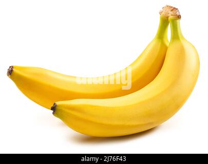 Due perfette banane gialle mature isolate su sfondo bianco. Foto Stock