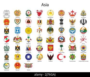Set stemma dei paesi dell'Asia, tutte le regioni asiatiche emblema collezione Illustrazione Vettoriale