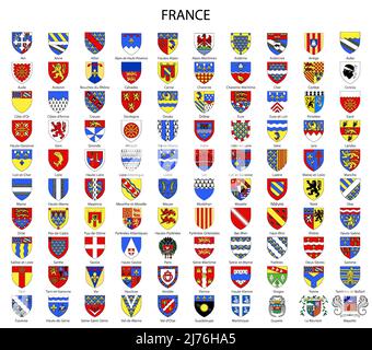 Set stemma del dipartimento di Francia, tutte le regioni francesi emblema collezione Illustrazione Vettoriale