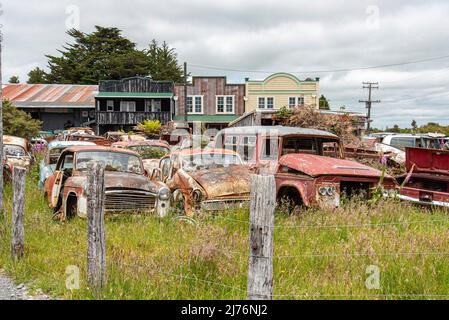 Auto d'epoca su un grande scrapyard alla fine del percorso Old Coach Road, Isola del Nord della Nuova Zelanda Foto Stock