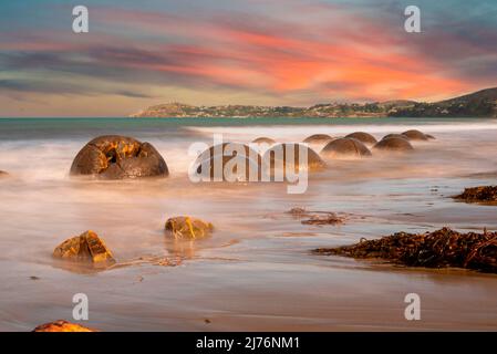 Scenica Moeraki Boulders sulla costa orientale della Nuova Zelanda Isola Sud Foto Stock