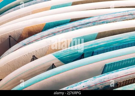 Primo piano di tavole colorate a paddle a noleggio. Attrezzature da spiaggia estive Foto Stock