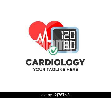 Ipertensione, ipotensione, cardiologia, concetto medico logo design. Concetto di assistenza sanitaria, pressione arteriosa, ospedale, cardiogramma. Illustrazione Vettoriale