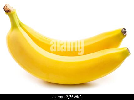 Due perfette banane gialle mature isolate su sfondo bianco. Foto Stock