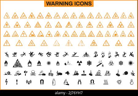 Icona di avvertenza impostata in nero e giallo Illustrazione Vettoriale