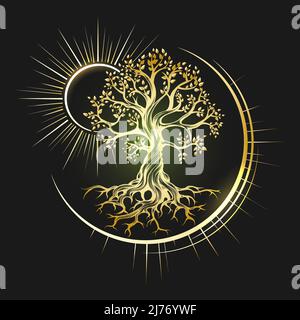 Emblema del simbolo Esoterico Golden Tree of Life isolato su sfondo nero. Illustrazione vettoriale. Illustrazione Vettoriale