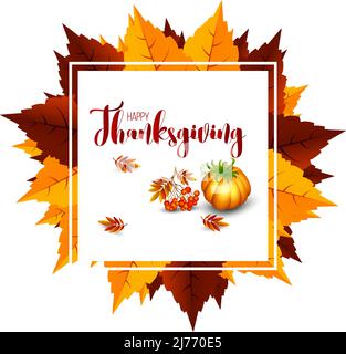 Buon Ringraziamento con foglie d'autunno Pumpkin e ciliegie Illustrazione Vettoriale