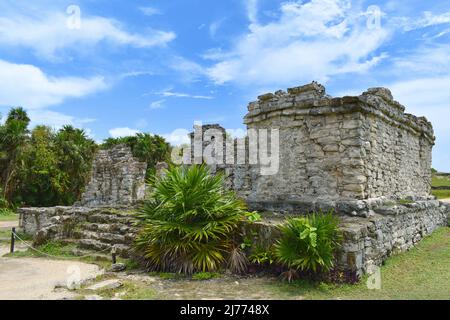 Rovine storiche di un'antica civiltà maya a Tulum, penisola di Yucatán, Messico Foto Stock