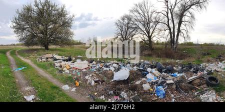 Mucchi di spazzatura nel prato. Problemi di protezione ambientale contesto. Aiuta prati e boschi! Foto Stock