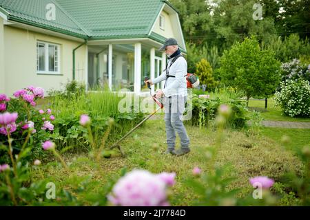Uomo di mezza età che taglia l'erba alta con un tagliabasette elettrico o a benzina in un cortile. Attrezzi e attrezzature per la cura del giardinaggio. Processo di rifilatura del prato con Foto Stock