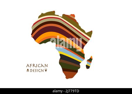 Africa mappa con motivi a strisce etniche. Banner con logo, colori tradizionali africani tribali, elementi motivo a strisce, concept design. Mappa vettoriale Illustrazione Vettoriale