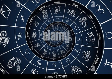 Sfondo astrologico con segni zodiacali e simbolo - blu Foto Stock