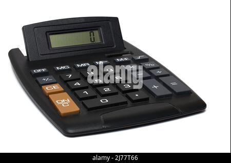 Primo piano della calcolatrice in plastica Jumbo nera con tasti grandi e display digitale con zero su sfondo bianco Foto Stock