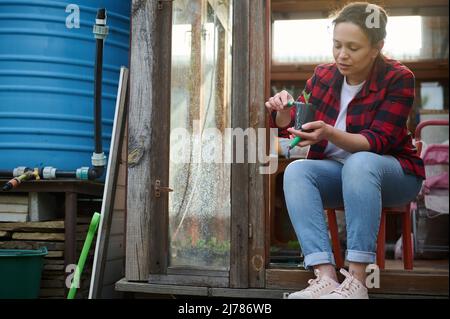 Donna graziosa giardiniere usando rastrello e pala di giardinaggio scioglie e scava il suolo nero con piantine di cetrioli coltivati, seduto all'entrata del suo o Foto Stock