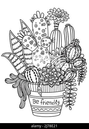 Pagina del libro di colorazioni vettoriali per adulti. Set disegnato a mano di succulenti o cactus in pentole. Doodles bianco e nero succulente Illustrazione Vettoriale